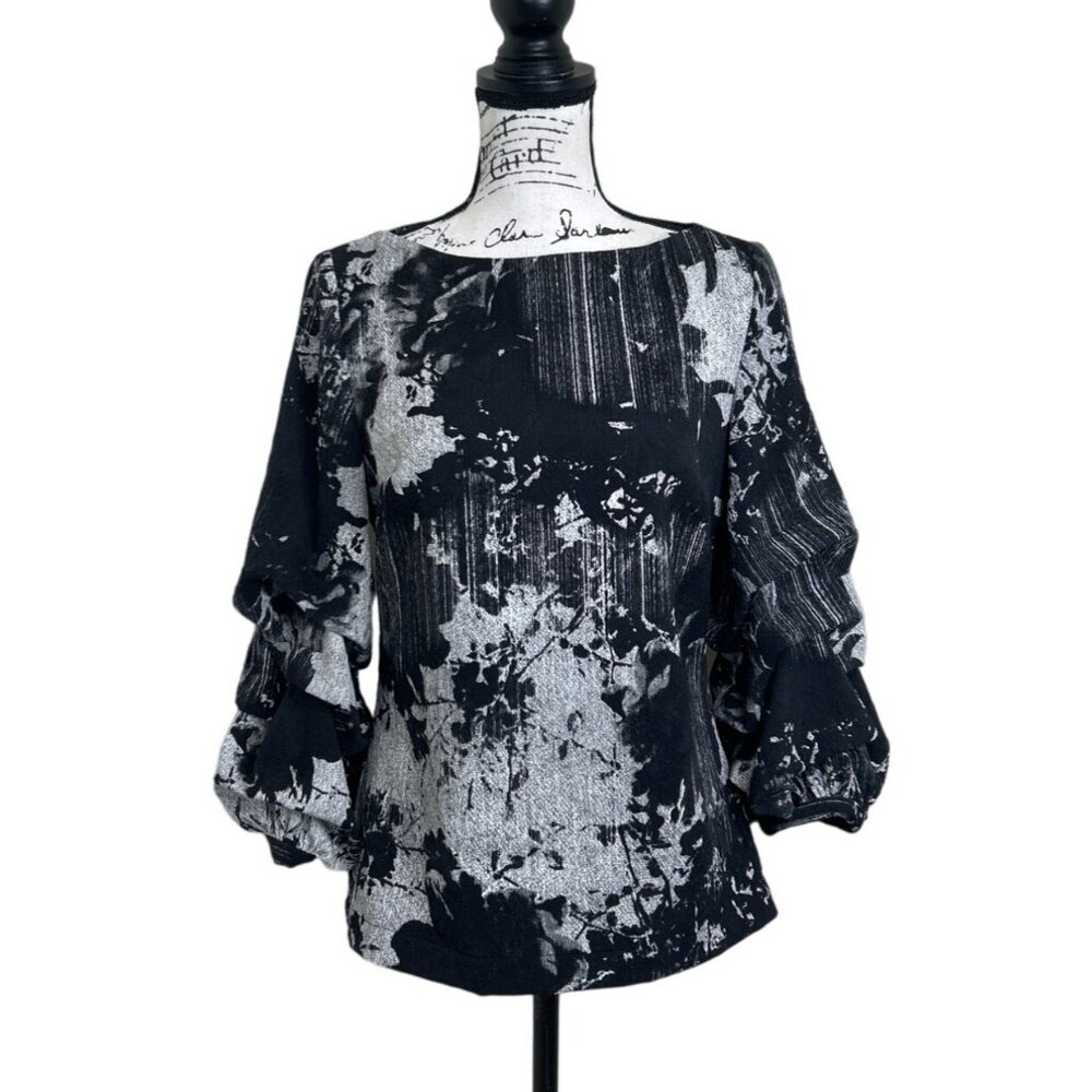 Alberto Makali Women's Size M Top Puff Ruffle Sleeve Black Gray Print - Picture 1 of 7